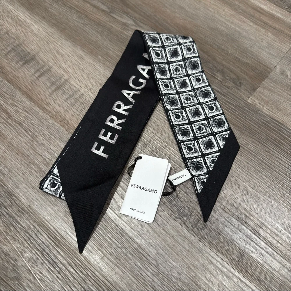 Salvatore Ferragamo Etched Logo Print Silk Bandeau Scarf Twilly in Black White - Picture 9 of 13